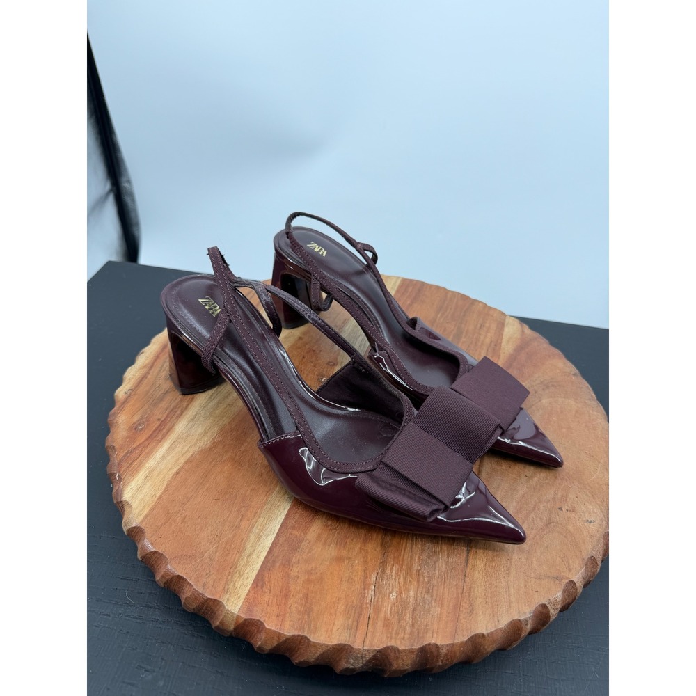 Zara Bow Patent Slingback Heels Womens 37 6.5 Burgundy Pointed Toe Block Heel